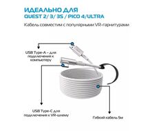 Кабель Link для шлемов Quest 3 / Quest 3S / Pico 4 / Ultra  | KIWI design | Белый (5 метров)